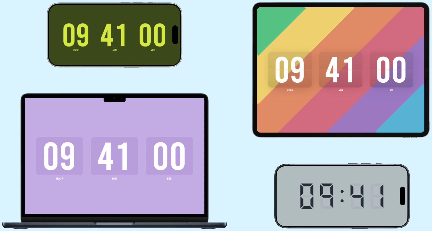 Soda Clock displayed on iPhone, iPad, and Mac.