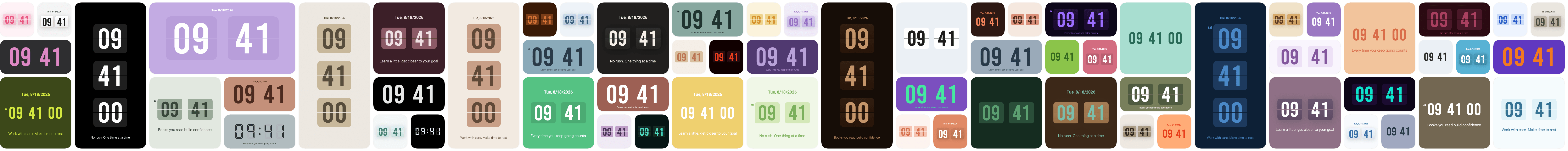 Soda Clock widgets in different sizes, clock styles, and colors, with dates and Personal Messages.